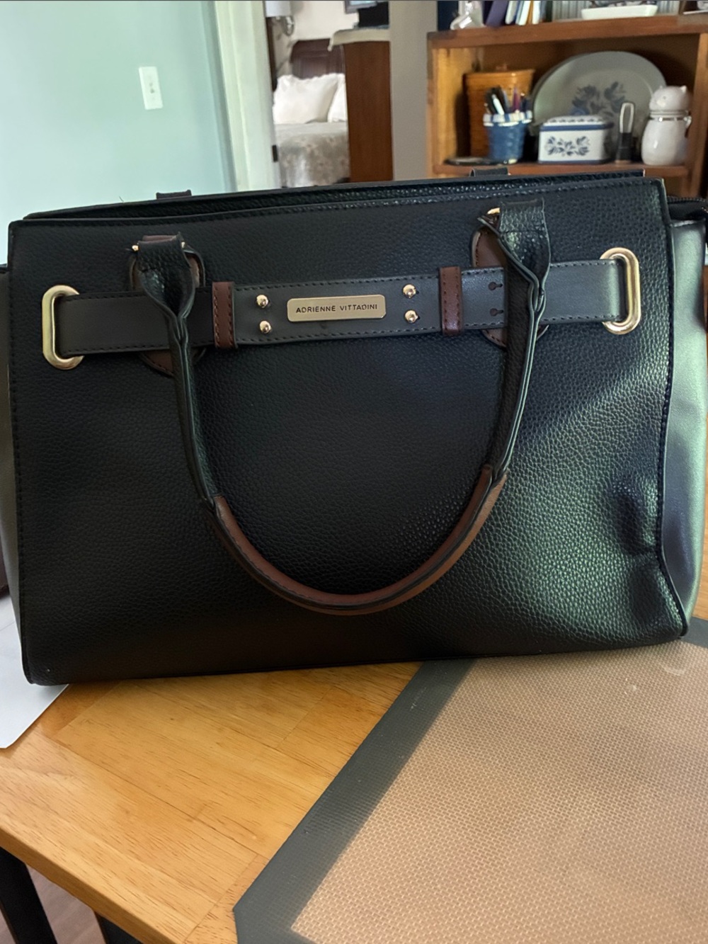 Adrienne Vittadini Black and Brown Leather Satchel with Gold Accents